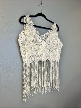 Ivory Lace Fringe Crop Camisole Festival Summer Vacation Large NWT